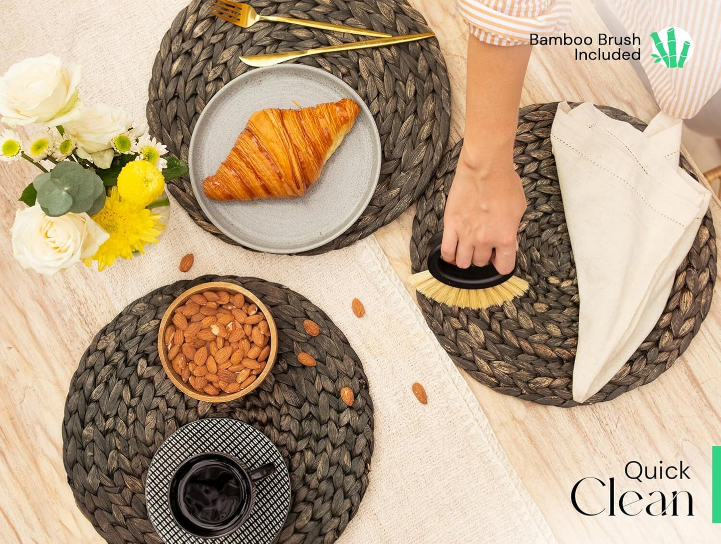 DecoraWell Round Woven Placemats Set of 6 with Bamboo Brush, Handmade