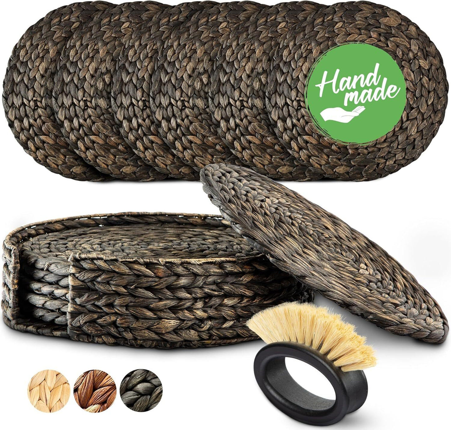 DecoraWell Round Woven Placemats Set of 6 with Bamboo Brush, Handmade