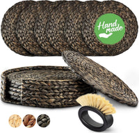 DecoraWell Round Woven Placemats Set of 6 with Bamboo Brush, Handmade