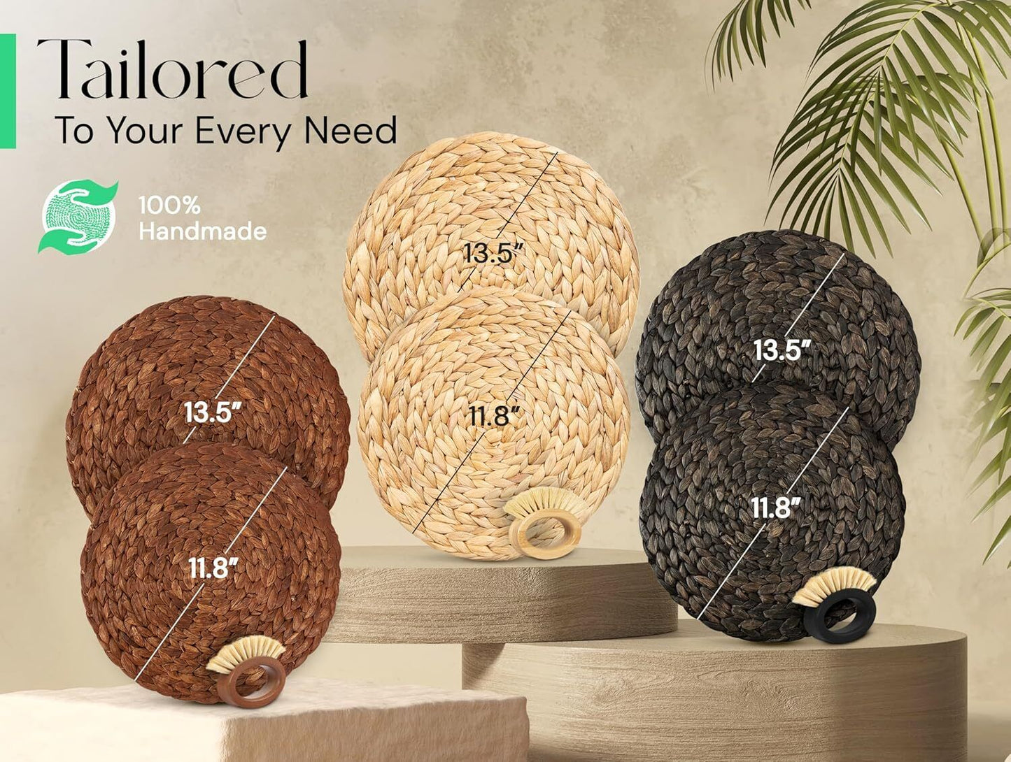 DecoraWell Round Woven Placemats Set of 6 with Bamboo Brush, Handmade