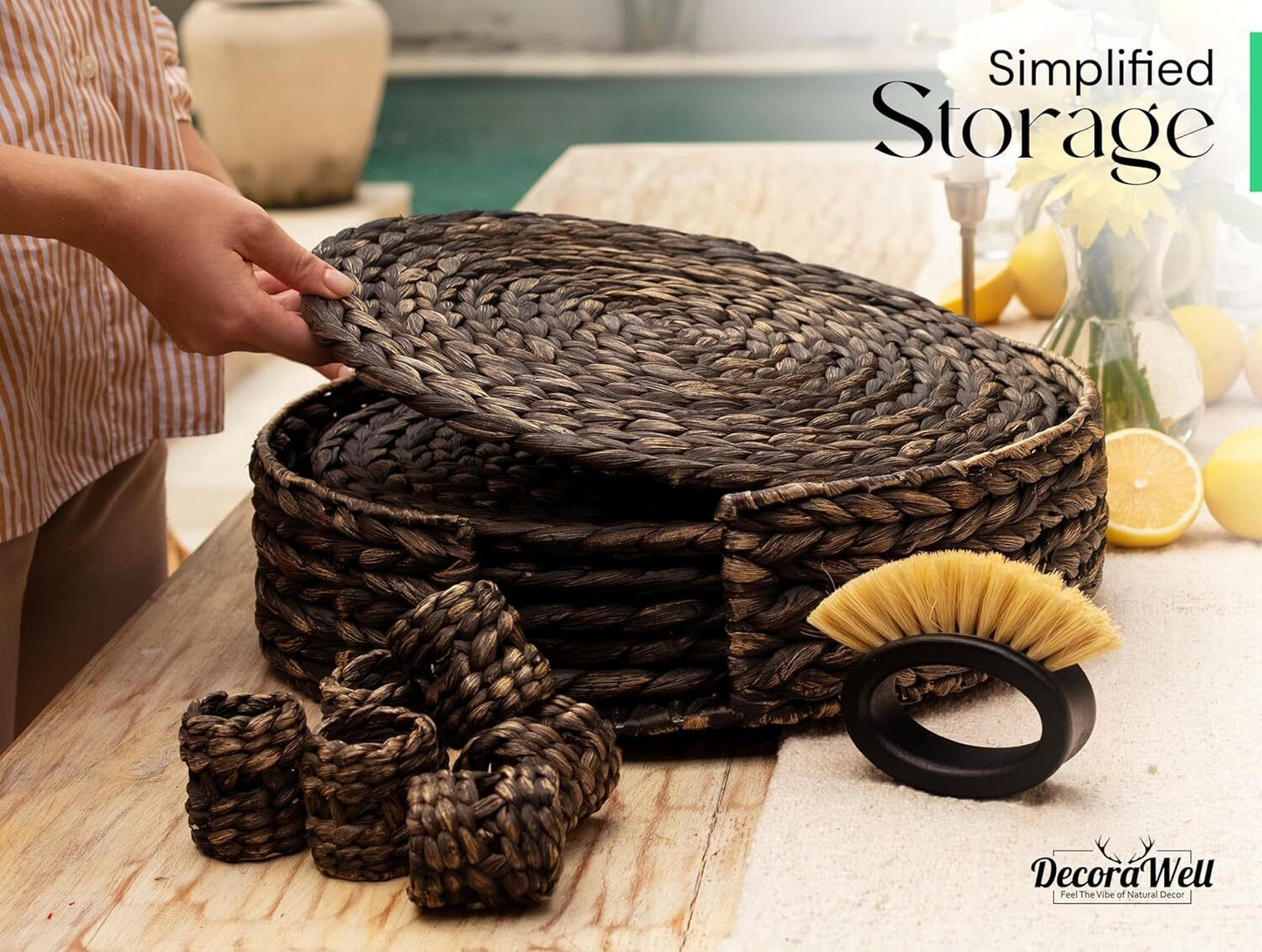 DecoraWell Round Woven Placemats Set of 6 with Bamboo Brush, Handmade