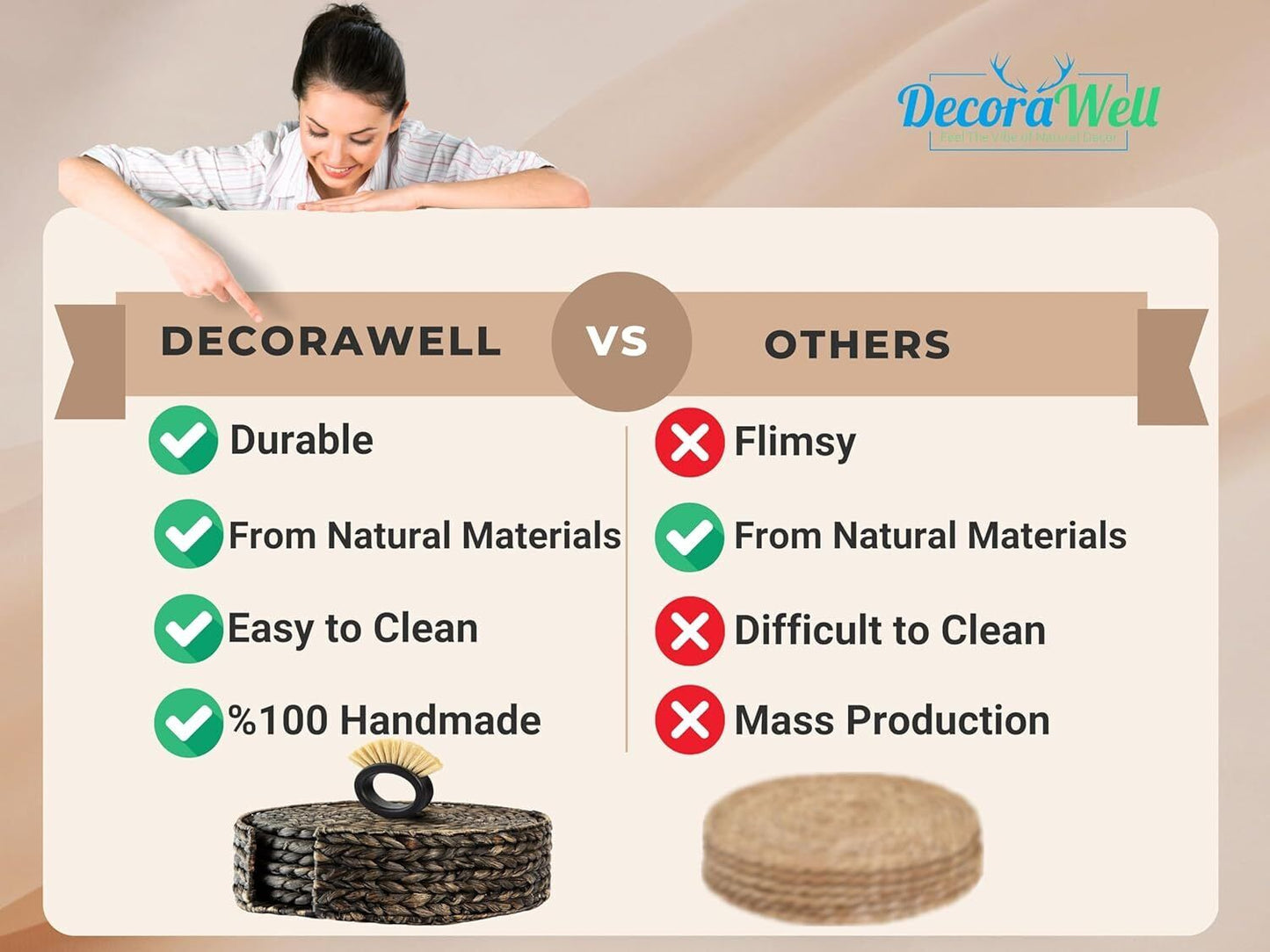 DecoraWell Round Woven Placemats Set of 6 with Bamboo Brush, Handmade