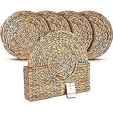 DecoraWell Round Woven Placemats Set of 6 with Bamboo Brush, Handmade,