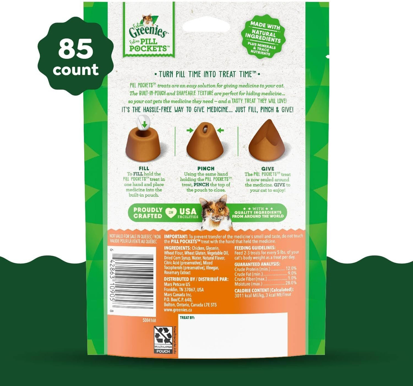 Greenies Feline Pill Cats Natural Soft Treats, Chicken, 3 oz. Pack 85ct (2 pack)
