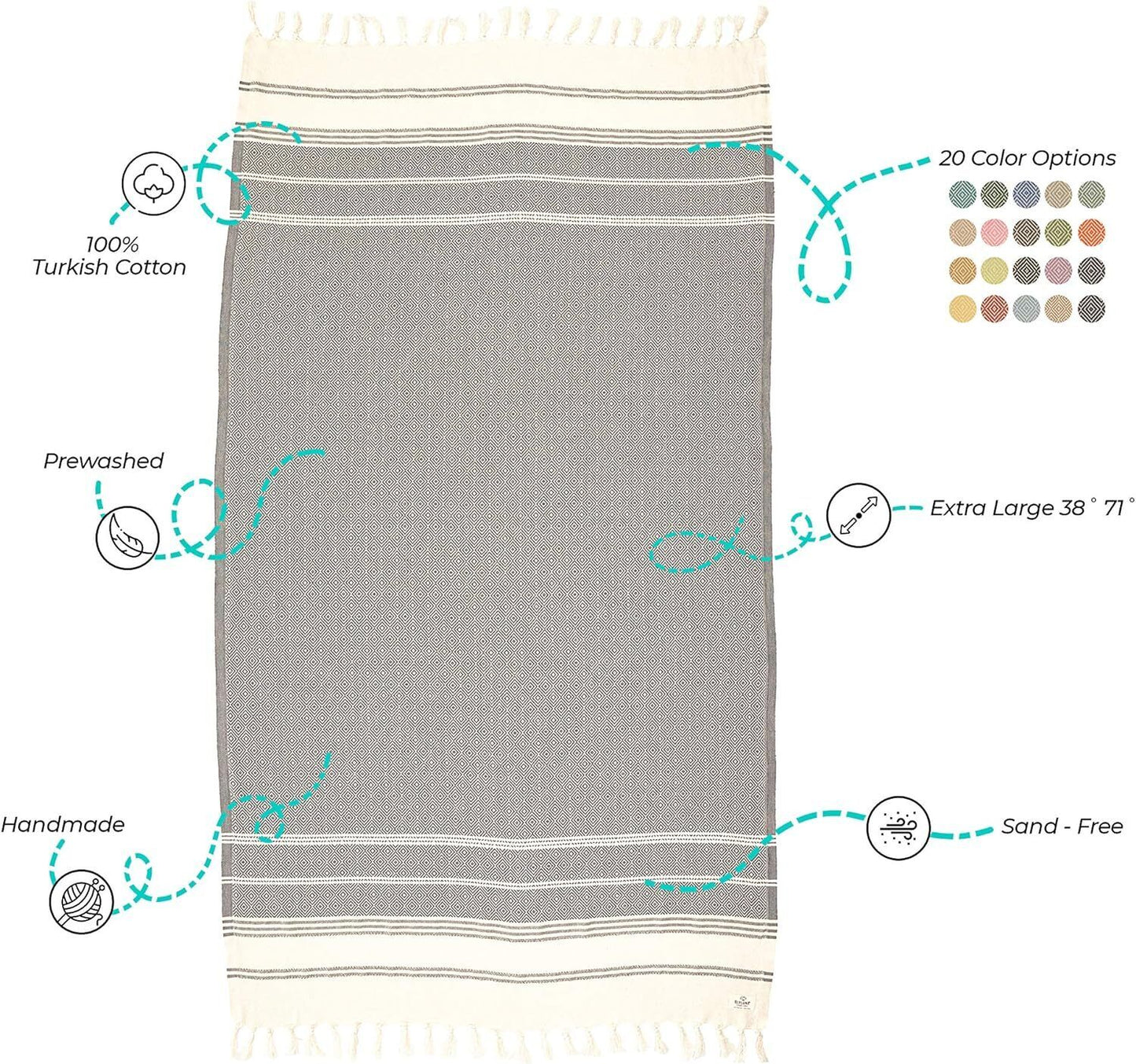 BERGAMA BeachTowel | 100% Cotton, Prewashed, 38 x 71 Inches Quick Dry, Sand Free
