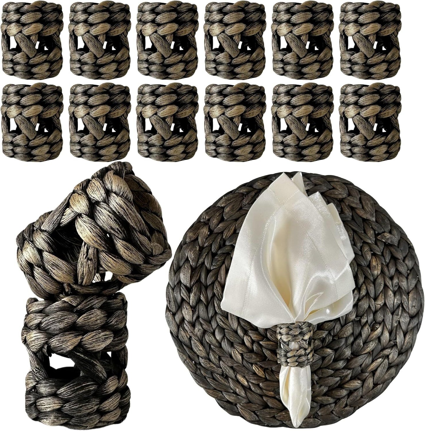 DecoraWell Woven Napkin Rings Set of 12, Rattan Napkin Rings  ,Black Hyacinth