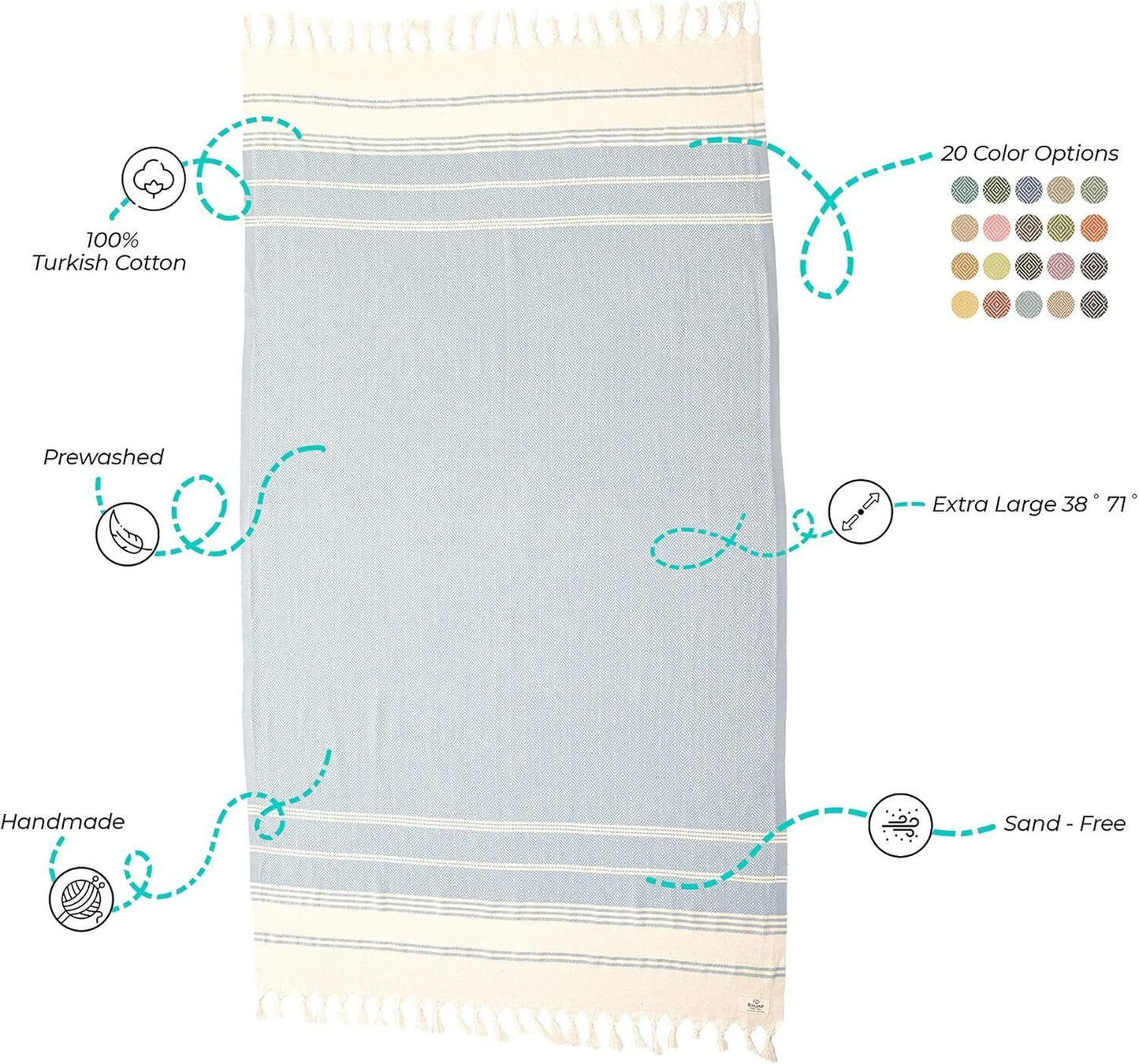 Bergama Turkish Cotton BeachTowel  100% Cotton, Prewashed, 38 x 71 Inches
